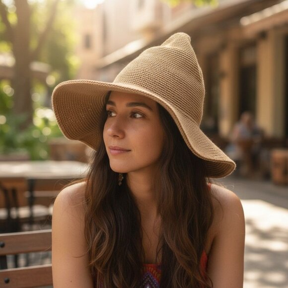 Knit Witch Hat Soft Point Cottagecore Boho Sun Hat Beige NEW - Picture 1 of 12